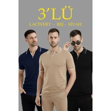 Erkek 3’lü Paket Triko Yakalı Düğmesiz Açık Yaka Fitilli Kısa Kollu Regular Fit Tişört - Lacivert, Bej, Siyah