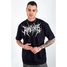 Tarz Yeri Unisex Bisiklet Yaka Baskılı Oversize T-Shirt - Siyah