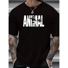 Anımal Desen Baskı Erkek Oversive Tişört, Grafik Tişört Erkek Yazlık Outdoor Kıyafetleri, Sporda ve Günlük Giyime Uygun  - Siyah