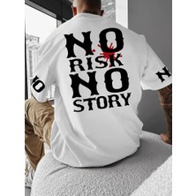 Erkek No Risk No Story Baskılı Oversize Bisiklet Yaka T-Shirt - Beyaz