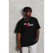 Tarz Yeri Erkek Bisiklet Yaka Double Oversize Baskılı T-Shirt - Siyah