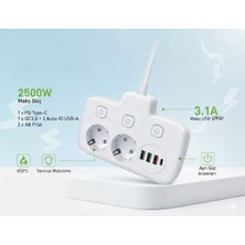 Plentiful 2500W Güçlü Akım Korumalı 3 USB + Type-C Portlu Çoklu Priz | Hızlı Şarj, Çocuk Kilidi, 850°C Yanmaz Malzeme