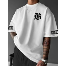 Tarz Yeri Lb Baskılı Ön Arka Oversize Bisiklet Yaka Kısa Kol T-Shirt - Beyaz