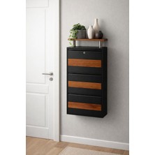 Karlı 3'lü Kilitli Antrasit Metal Ayakkabılık ( Ahşap Desenli ve Üst Ahşap Tablalı )