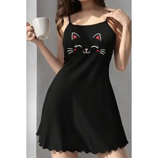 Kadın Siyah Ip Askılı Penye Gecelik – Kedi Baskılı