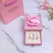 UltraMint 925 Ayar Gümüş Pembe Taşlı Kalp Takı Seti Hediye Kutulu