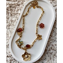 Zara Model Gold Charmlı Çiçek Detaylı 316L Paslanmaz Çelik Kolye