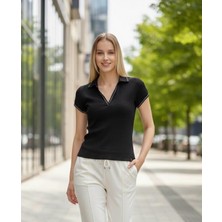 Joggy Şeritli Yaka Detaylı Şık Kadın T-Shirt