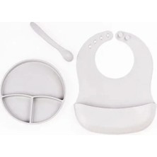 Epilons Gri 3’lü Silikon Yemek Seti – Önlük + Diş Kaşıyıcılı Kaşık + Vakumlu Tabak