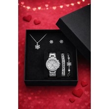 UltraMint Şık Gümüş Renk Kadın Takım Seti, Kol Saati, Kolye ve Küpe Hediye