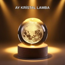 Epilons USB Işıklı Ay Kristal Küre 3D Oyma Tasarım Ahşap Standlı Gece Lambası