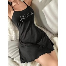 Kadın Siyah Ip Askılı Penye Gecelik – Kalp & Nabız Baskılı