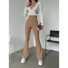 Epilons Şık ve Rahat Yüksek Bel Ispanyol Paça Fitilli Toparlayıcı Bej Tayt