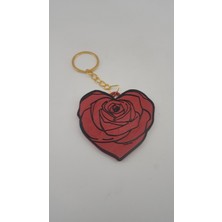 Fandora 3D Baskı Gül Detaylı Kalpli Anahtarlık - Gold Metal Zincir - Kırmızı Siyah