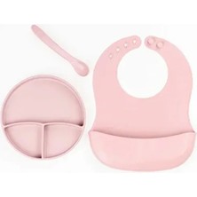 Epilons Pembe 3’lü Silikon Yemek Seti – Önlük + Diş Kaşıyıcılı Kaşık + Vakumlu Tabak