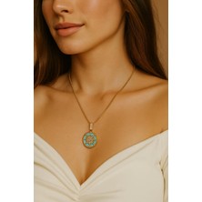 TRY Altın Renk Yeşil Mine Yuvarlak Güneş Asansör Zincir Çelik Kolye - 3639