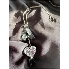 UltraMint Siyah Üzeri Gümüş Glitter Kalpli Epoksi Dikiz Aynası Süsü