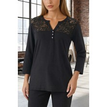 Lior Design Siyah Dantel Garnili Düğme Detaylı V Yaka Bluz BCHPK-251248
