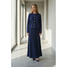 Lior Design Lacivert Bisiklet Yaka Düğmeli Hırka ve Pliseli Midi Boy Etek Takım BCHPK-251252