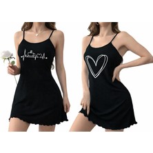 Kadın Siyah Baskılı Ince Askılı Mini Gecelik - Pamuklu Esnek Rahat Ev Elbisesi Seti