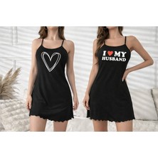 Kadın Siyah Kalp ve Yazı Baskılı Ince Askılı Mini Gecelik Seti - Pamuklu Esnek Ev Elbisesi Seti