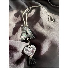 UltraMint Siyah ve Gümüş Glitterli Kalpli Epoksi Dikiz Aynası Süsü, Şık Hediye