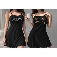 Kadın Siyah Kedi ve Pati Baskılı Ince Askılı Mini Gecelik Seti - Pamuklu Rahat Ev Elbisesi