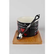 UltraMint Şık Siyah Kalpli Mıknatıslı Kupa ve Ahşap Altlık Seti