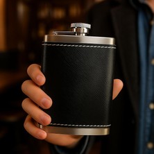 Delixa 8 Oz 235 cc Hunili Siyah Hakiki Deri Kılıflı Çelik Viski Içki Matarası