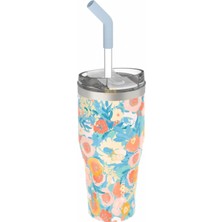 Delixa 590ML Desenli Pipetli/pipetsiz Çift Kullanım Tumbler Kahve Bardağı/mug Paslanmaz Çelik Termos (Flowe