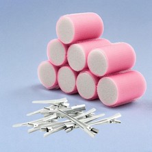 Delixa 1207 Pembe Cırtlı Sünger Bigudi 8li Çap 4cm + 12LI Alüminyum Saç Pensi