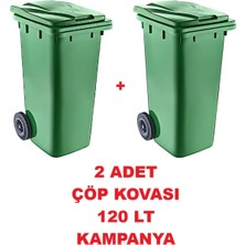 120 Lt Yeşil Kapaklı Çöp Konteyneri, 2 Adet, Tutma Saplı Büyük Boy