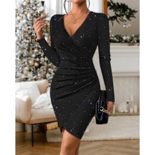 Nidam Butik Kadın Uzun Kollu Kruvaze Yakalı Işıltılı Mini Ithal Krep Elbise