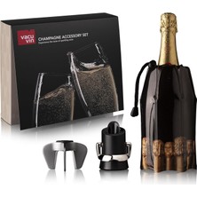 Delixa Vacu Vin Şampanya Aksesuar Seti 3 Parça - Şampanya Soğutucu, Şampanya Kapağı ve Dökme Ağacı, Şampany