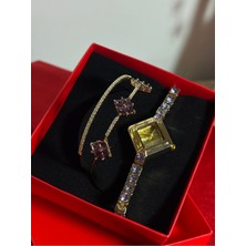 UltraMint Mor Taşlı Gold Saat ve Bileklik Seti, Şık ve Zarif Takım