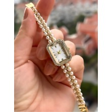 UltraMint Şık Kadın Kol Saati, Taşlı Incili Metal Kordon, Özel Kutuda Hediye