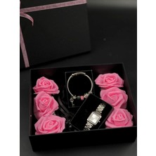 UltraMint Yapay Çiçekli Kutuda Bileklik ve Saat Seti, Sevgililer Günü Hediye