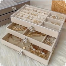 UltraMint Kadife 3 Çekmeceli Takı Kutusu, Krem Renk, Şeffaf Görünüm