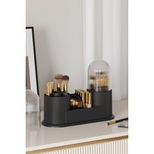 UltraMint Şeffaf Çok Bölmeli Siyah Makyaj Organizeri, Kapaklı ve Fırça Saklama Alanı