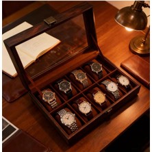 UltraMint Lüks Deri Saat Saklama Kutusu, Cam Kapakli, 10 Yuvalı, Şık Tasarım