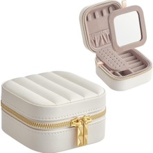 UltraMint Aynalı Lüx Deri Takı Kutusu, Çift Fermuar, Beyaz, Kolye, Yüzük, Küpe Organizer