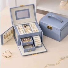 UltraMint Şık Mat Mavi Deri Takı ve Mücevher Düzenleyici, Kilitli, Makyaj Masası Üstü