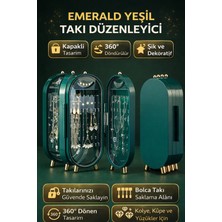 UltraMint Yeşil Oval Takı Düzenleyici, Aynalı, 360° Dönen, Kapaklı, Dekoratif Organizer