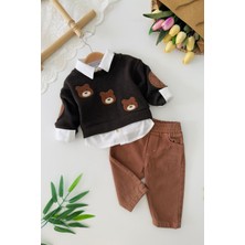 Miniğimin Cicileri Ayıcık Nakışlı Örgü Sweatshirt ve Pantolon Erkek Bebek 3lü Takım - Acı Kahve