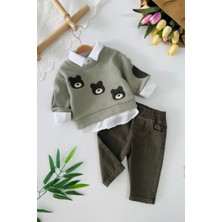 Miniğimin Cicileri Ayıcık Nakışlı Örgü Sweatshirt ve Pantolon Erkek Bebek 3lü Takım - Yeşil