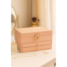 UltraMint Şık 2 Çekmeceli Deri Görünümlü Kilitli Takı Kutusu, Pembe