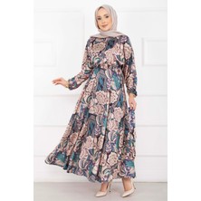 Md Çiçek Desen Kuşaklı Tesettür Elbise Bej