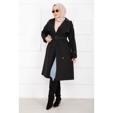 Md Allerli Seyyar Kuşaklı Premium Trençkot Siyah