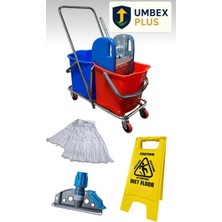 Umbex Çift Kovalı Krom Temizlik Arabası Paspas Arabası Islak Mop Setli Kaygan Zemin Levhalı Set