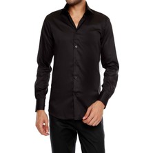 Efor Erkek Slim Fit Klasik Yaka Pamuk Saten Uzun Kol Siyah Gömlek Gk 214